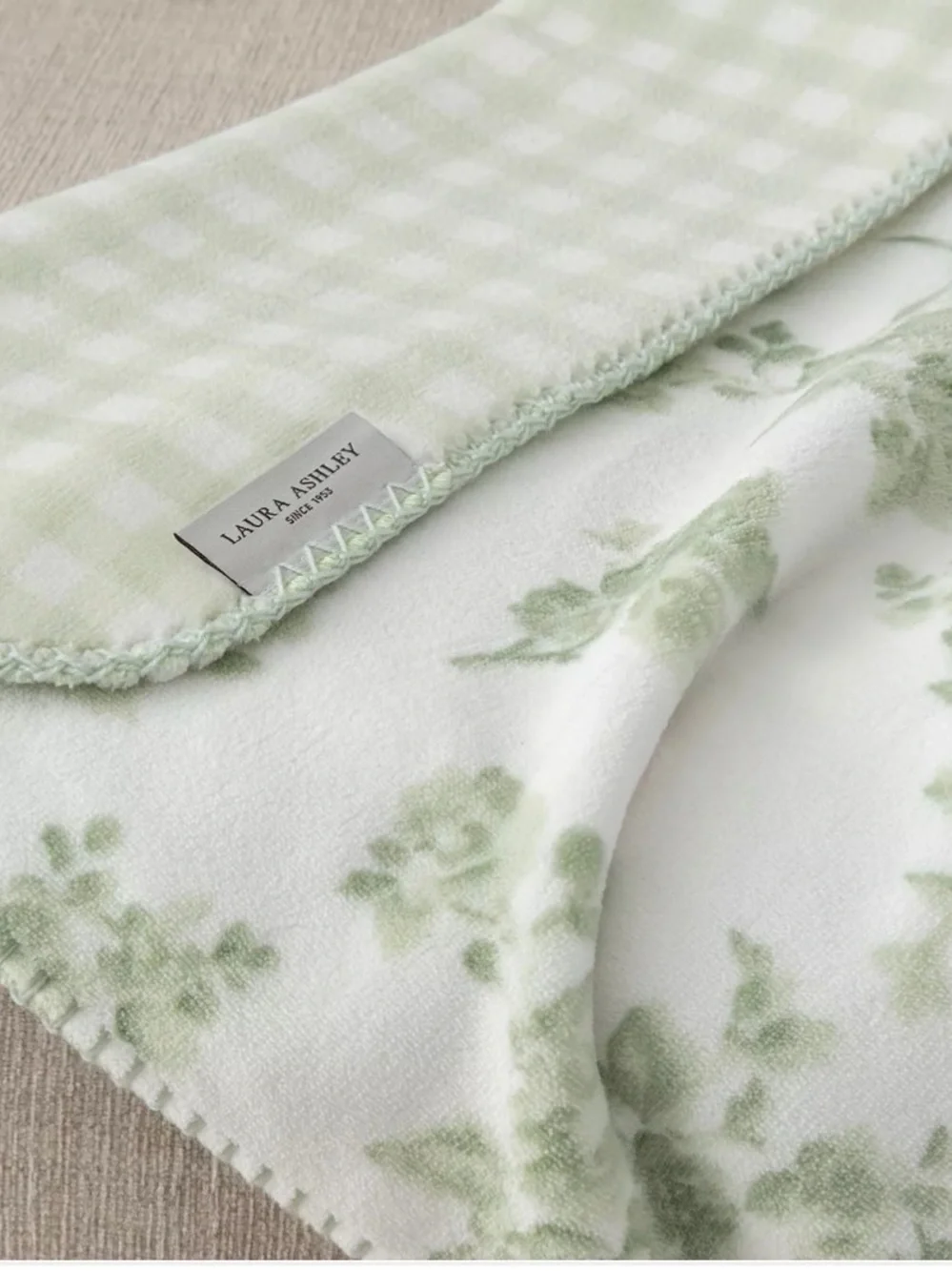 SAGE FLORAL GINGHAM Laura Ashley Reversible Throw Blanket ~ Cottage Shabby